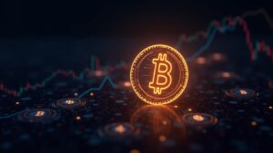 Bitcoin luminoso sobre gráfico de profundidad y flujos de liquidez, con iconos de stablecoins al fondo