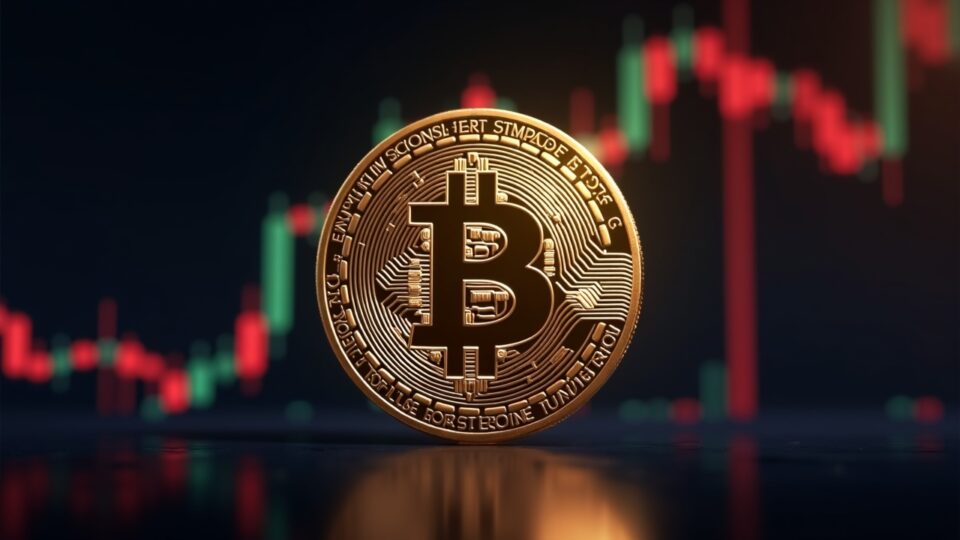 Moneda Bitcoin fotorrealista con gráfico de velas ascendente al fondo, destacando 105.5k y flujos ETF/institucionales