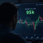 Panel de precios de Bitcoin con nivel 95.000, RSI y EMA, silueta de cabeza y hombros y analista en una sala de trading.
