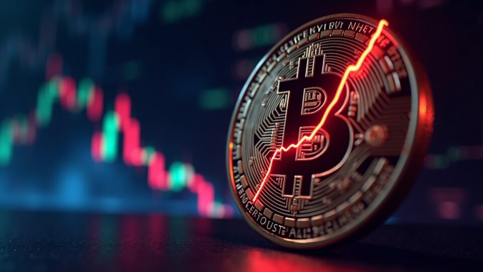Primer plano de una moneda de bitcoin con gráfico de precios neón y alza del 12% hacia una resistencia.