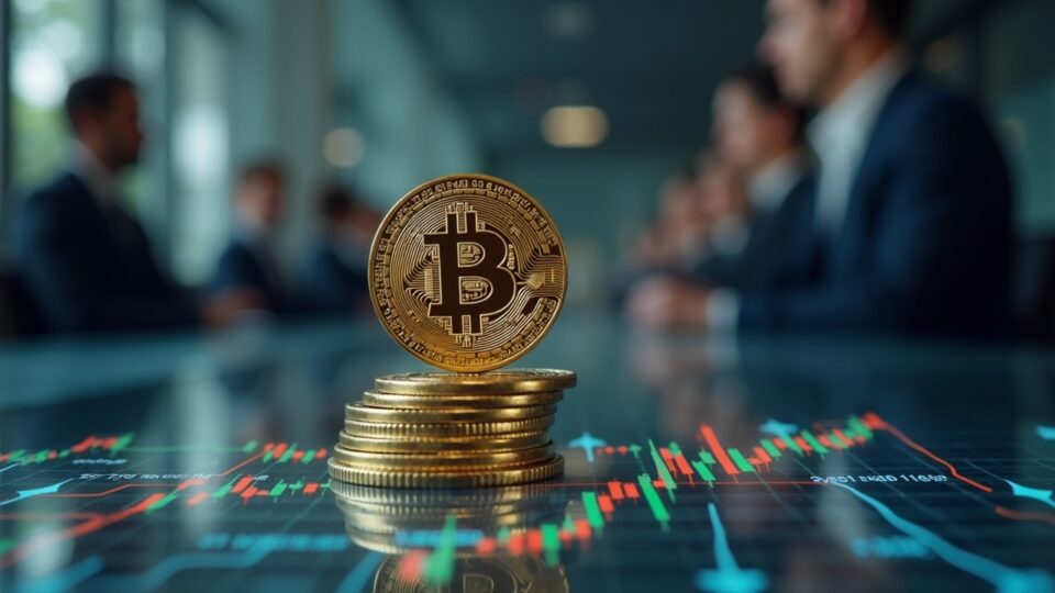 Bitcoin realista sobre escritorio de cristal con líneas Wyckoff y flechas a 86k y 125k, figuras institucionales al fondo.