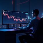 Focused crypto trader at a sleek trading desk watches BCH break 518 with rising volume on a large monitor, neon chart lines.