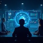 Un operador observa siete avatares holográficos de trading de IA alrededor de una pantalla central con la marca Bitget.