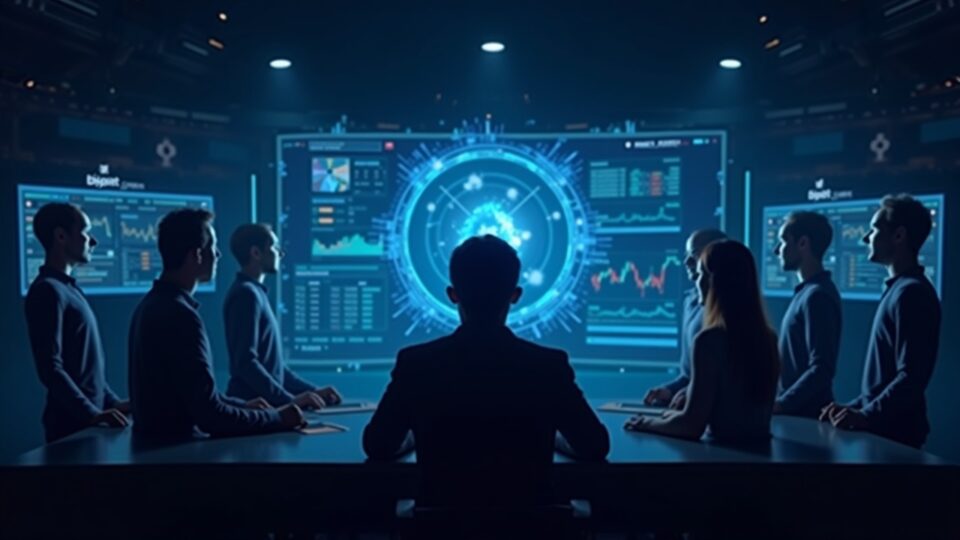 Un operador observa siete avatares holográficos de trading de IA alrededor de una pantalla central con la marca Bitget.