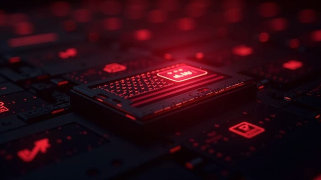 Close-up of Bitmain ASIC miners under red alert lighting with holographic US flag and security icons.