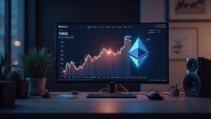 Mesa de noticias con símbolo de Ethereum iluminado y gráfico BTC/ETH ascendente, evocando la compra de BitMine.