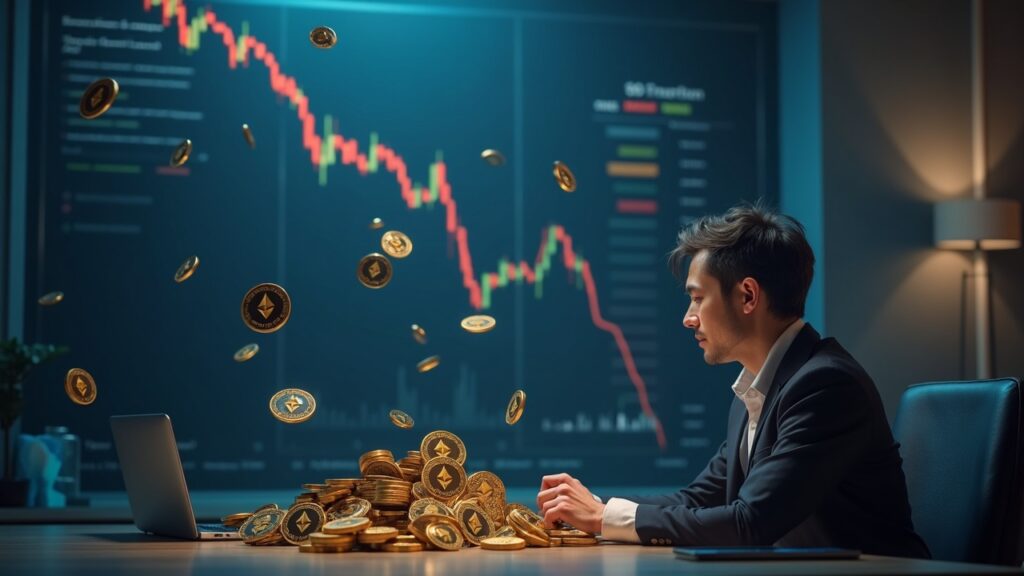 Ejecutivo financiero en un escritorio moderno, fichas de Ethereum girando hacia una bóveda, gráfico descendente al fondo.