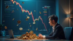 Ejecutivo financiero en un escritorio moderno, fichas de Ethereum girando hacia una bóveda, gráfico descendente al fondo.