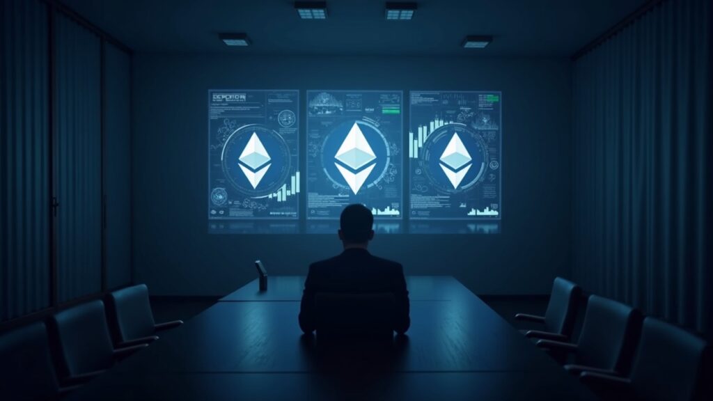 Escena de sala de juntas con logotipos de Ethereum, gráficos y una silueta ejecutiva, mostrando acumulación de ETH.