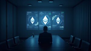 Escena de sala de juntas con logotipos de Ethereum, gráficos y una silueta ejecutiva, mostrando acumulación de ETH.
