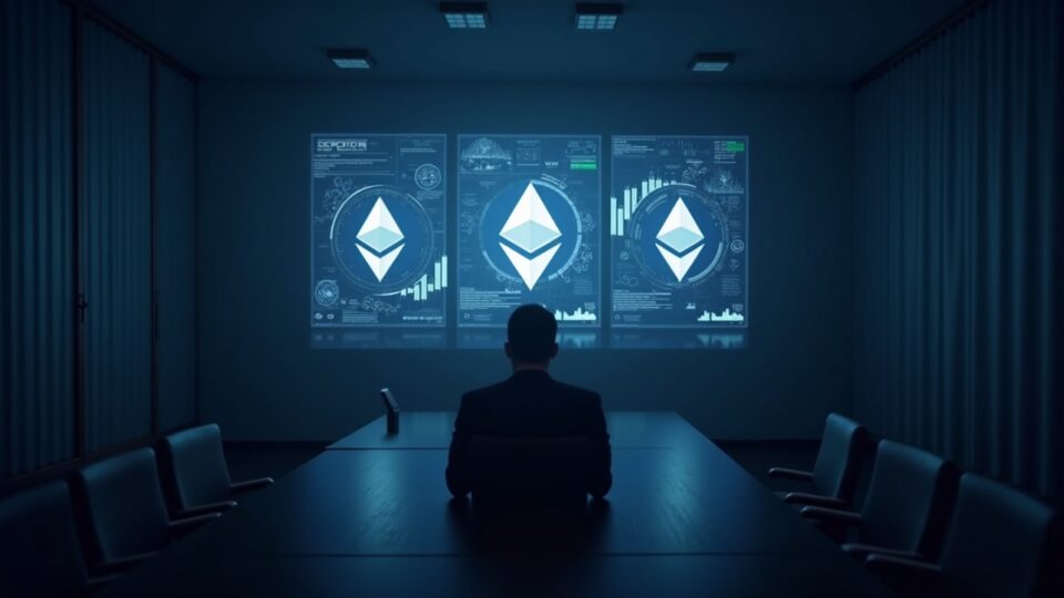 Escena de sala de juntas con logotipos de Ethereum, gráficos y una silueta ejecutiva, mostrando acumulación de ETH.
