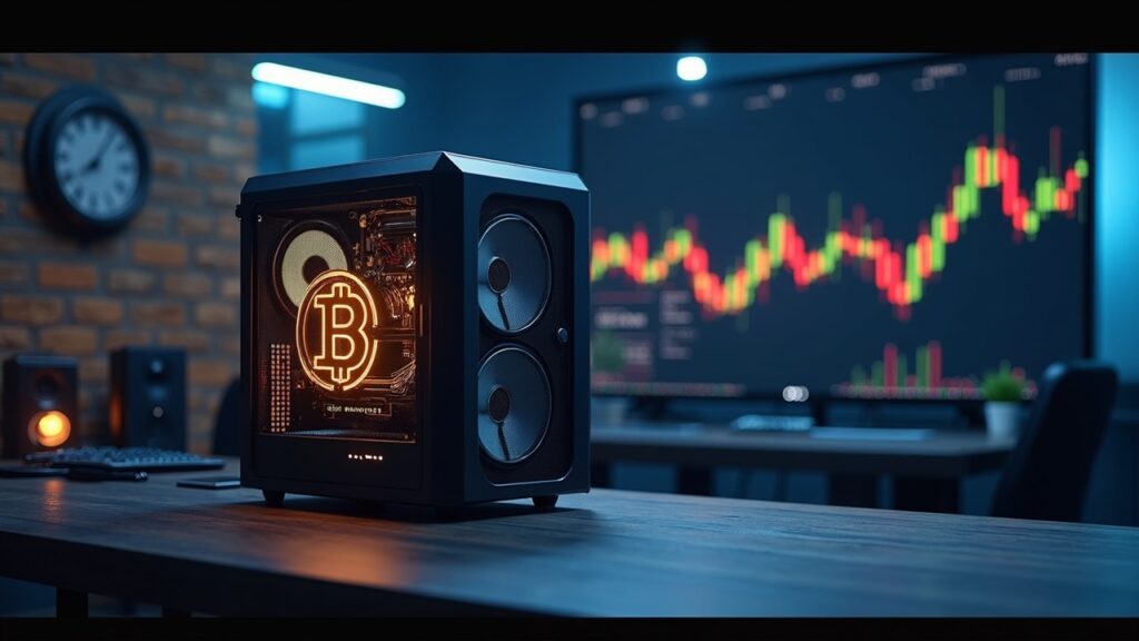 Sala de redacción fotorrealista con equipo de minería de Bitcoin, bóvedas de Ethereum y un gráfico ascendente que señala recuperación y giros hacia IA/HPC.