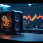 Sala de redacción fotorrealista con equipo de minería de Bitcoin, bóvedas de Ethereum y un gráfico ascendente que señala recuperación y giros hacia IA/HPC.