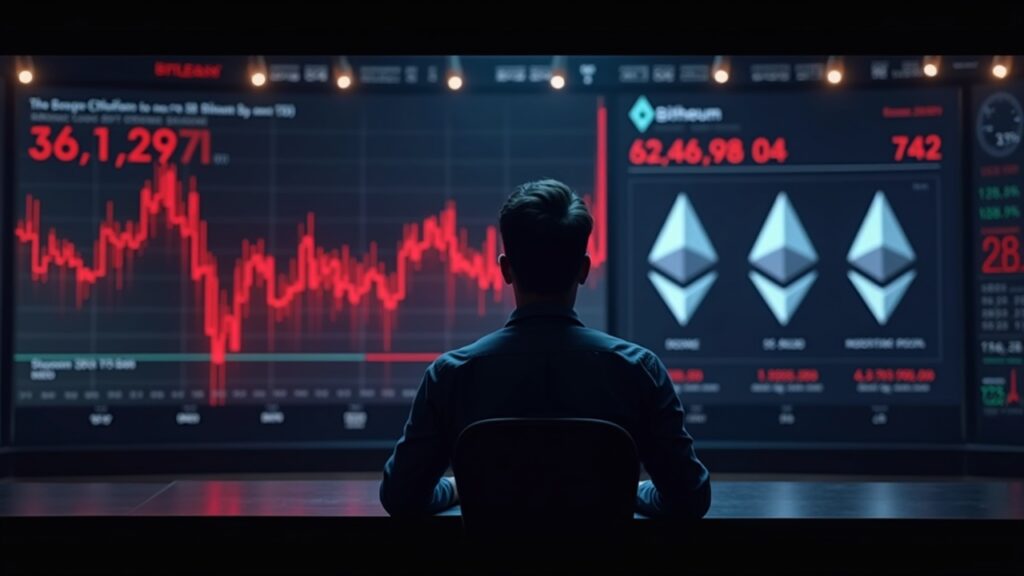 Portada fotorrealista: operador frente a pantalla con caída de BitMine en rojo, 52 semanas desvanecido y logos de Ethereum.