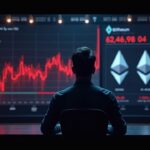 Portada fotorrealista: operador frente a pantalla con caída de BitMine en rojo, 52 semanas desvanecido y logos de Ethereum.