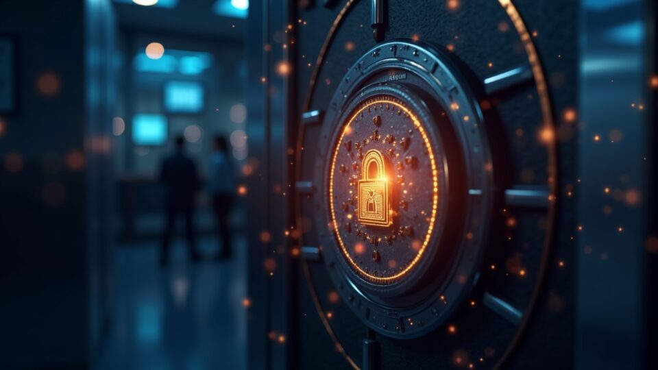 Fotografía realista de un token AVAX asegurado en una bóveda regulada en Nueva York, con líneas holográficas de staking y fondo de prensa.