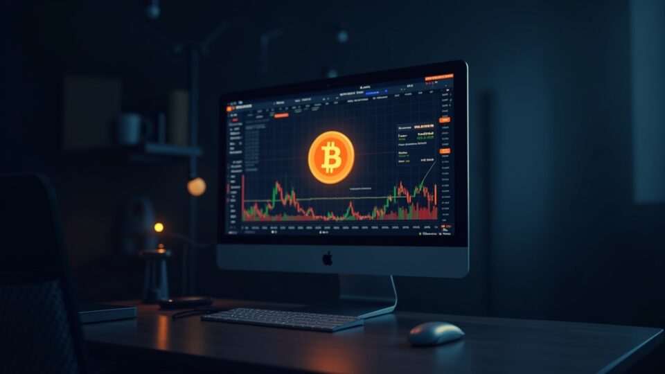 Escritorio de trading fotorrealista con símbolo de Bitcoin en una pantalla y un sutil logo de BlackRock, señalando la adopción de ETF.