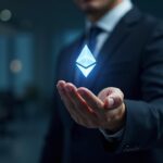 BlackRock executive in a suit with a glowing Ethereum staking icon, photoreal newsroom backdrop and regulatory cues.