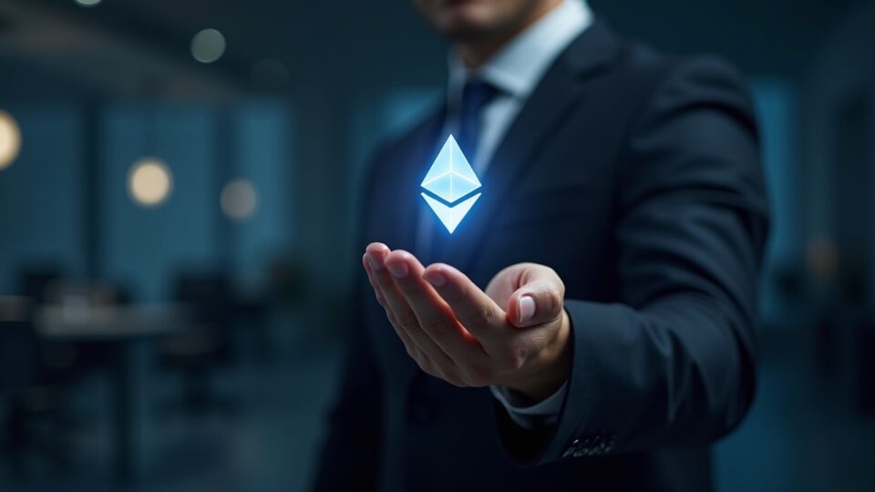 BlackRock executive in a suit with a glowing Ethereum staking icon, photoreal newsroom backdrop and regulatory cues.