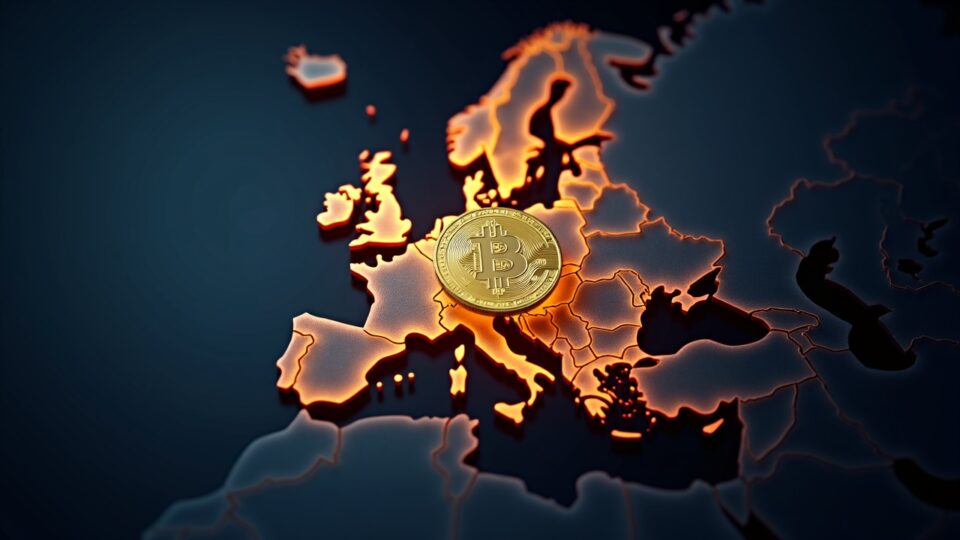 Moneda de Bitcoin en primer plano sobre un mapa de Europa iluminado, en una fintech, simbolizando préstamos BTC en la UE.