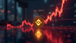 BNB brillando, cayendo por debajo de $1,000 sobre un escritorio de trading, con indicadores rojos bajistas.
