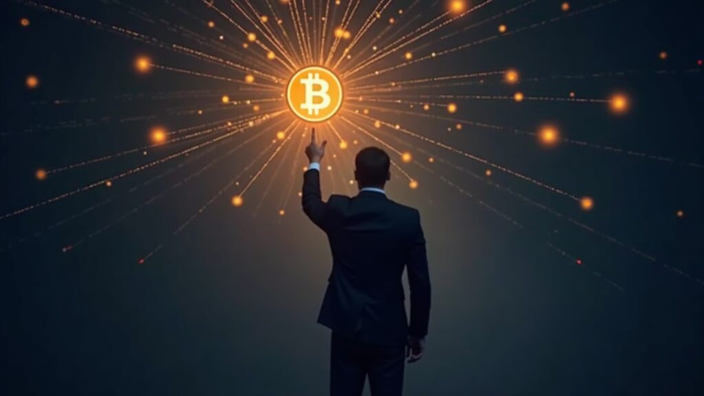 Ejecutivo en traje señala un logo BNB iluminado, conectado a una red blockchain, simbolizando adopción institucional y colateral on-chain.