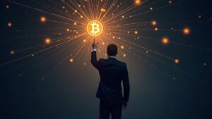 Ejecutivo en traje señala un logo BNB iluminado, conectado a una red blockchain, simbolizando adopción institucional y colateral on-chain.