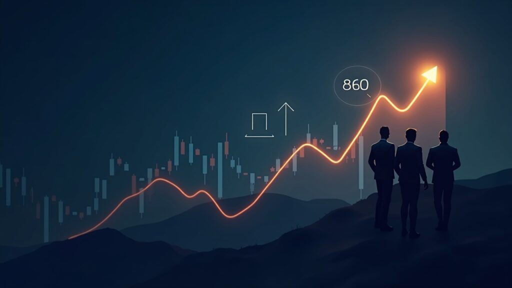 Logotipo de BNB en ascenso sobre gráfico de precios con 860, RSI visible y siluetas de inversores institucionales.
