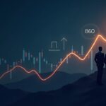 Logotipo de BNB en ascenso sobre gráfico de precios con 860, RSI visible y siluetas de inversores institucionales.