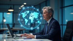 Funcionario del banco central en un escritorio, monedas digitales y símbolos regulatorios Reino Unido/EE. UU. alrededor de un globo holográfico.