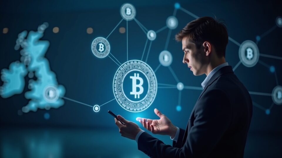 Analista fintech examina una red de pagos británica con stablecoins flotantes y emblema del BoE al fondo.
