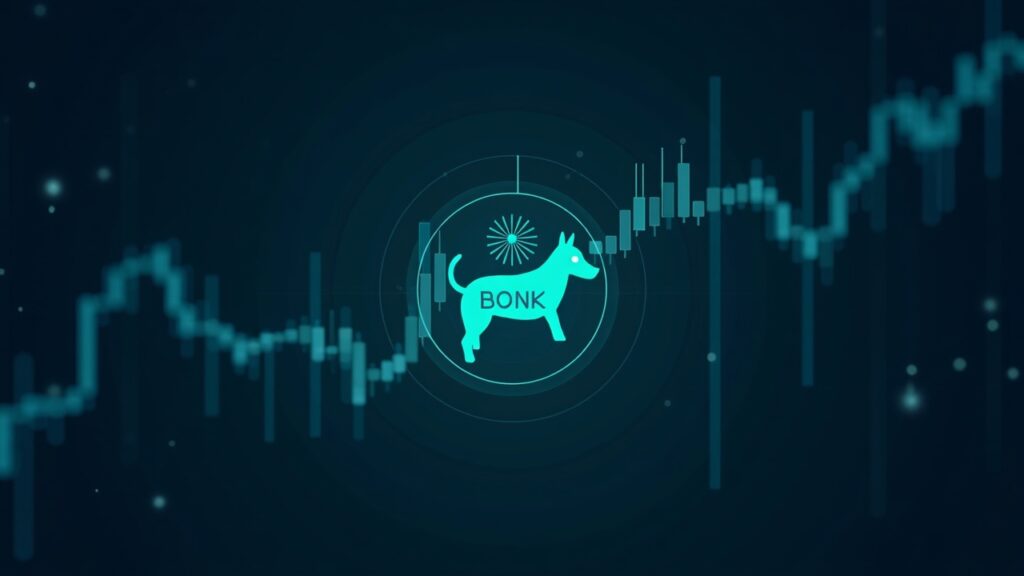 Gráfico de BONK rompiendo resistencia con emblema del perro, barras de volumen en ascenso y fondo azul de Solana