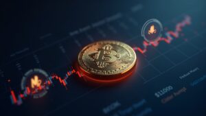 Bonk token en primer plano con gráfico descendente, iconos on-chain y símbolo de quema, fondo de redacción.