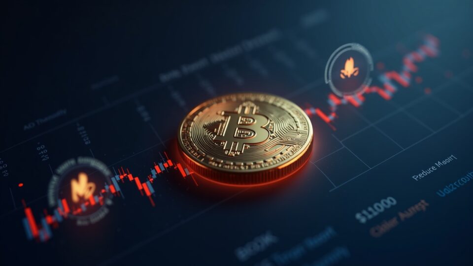 Bonk token en primer plano con gráfico descendente, iconos on-chain y símbolo de quema, fondo de redacción.