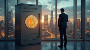 Funcionario de finanzas junto a una bóveda de Bitcoin que actúa como colateral, sobre un paisaje urbano de New Hampshire.