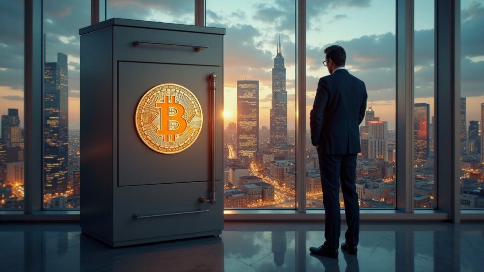 Funcionario de finanzas junto a una bóveda de Bitcoin que actúa como colateral, sobre un paisaje urbano de New Hampshire.