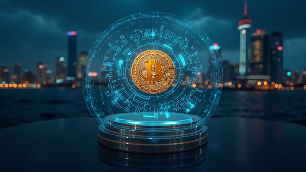 Escena realista en Brasil: símbolo de Bitcoin en pantalla digital, branding sutil de B3 y skyline moderno.