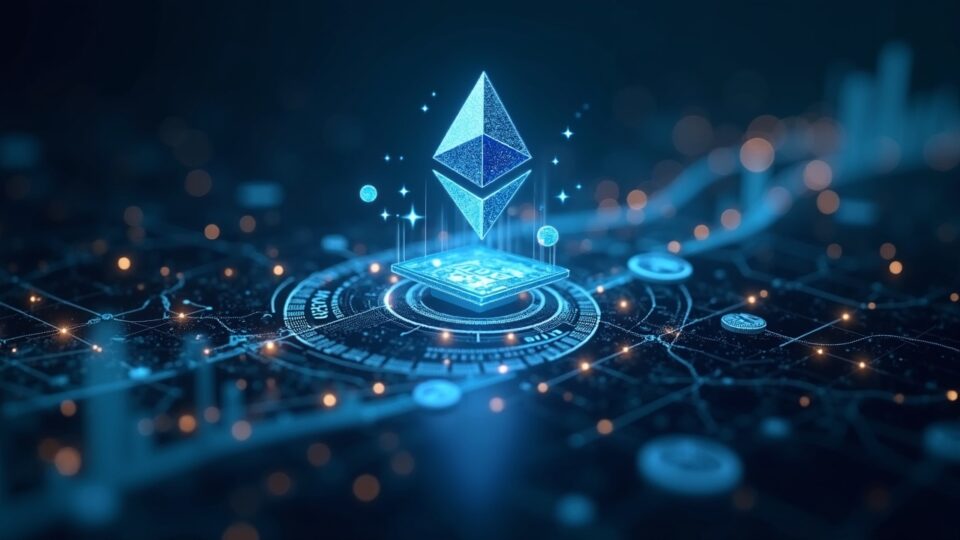 Encabezado fotorrealista: puente entre Ethereum Layer 2 y DBS, JPMD en holograma, liquidaciones transfronterizas 24/7