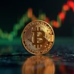 Bitcoin en el centro con gráfico de mercado verde a rojo y logo sutil de Monad; iluminación tipo newsroom.