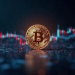 Moneda Bitcoin fotorealista centrada con un gráfico holográfico de precio 92k, logotipos de ETF e íconos de riesgo bajo iluminación de sala de prensa.