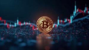 Moneda Bitcoin fotorealista centrada con un gráfico holográfico de precio 92k, logotipos de ETF e íconos de riesgo bajo iluminación de sala de prensa.