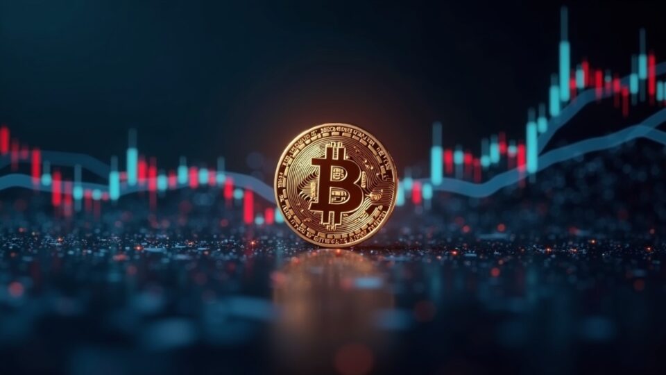 Moneda Bitcoin fotorealista centrada con un gráfico holográfico de precio 92k, logotipos de ETF e íconos de riesgo bajo iluminación de sala de prensa.