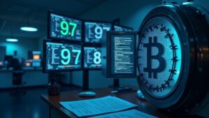 Laboratorio de un instituto español; pantallas con 97 BTC, caja fuerte y documentos regulatorios sobre liquidar criptoactivos.