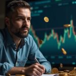 Trader cripto veterano en primer plano, gráfico de Bitcoin de fondo y BTC cayendo en cascada; referencia sutil a Kraken.