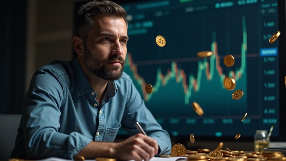 Trader cripto veterano en primer plano, gráfico de Bitcoin de fondo y BTC cayendo en cascada; referencia sutil a Kraken.