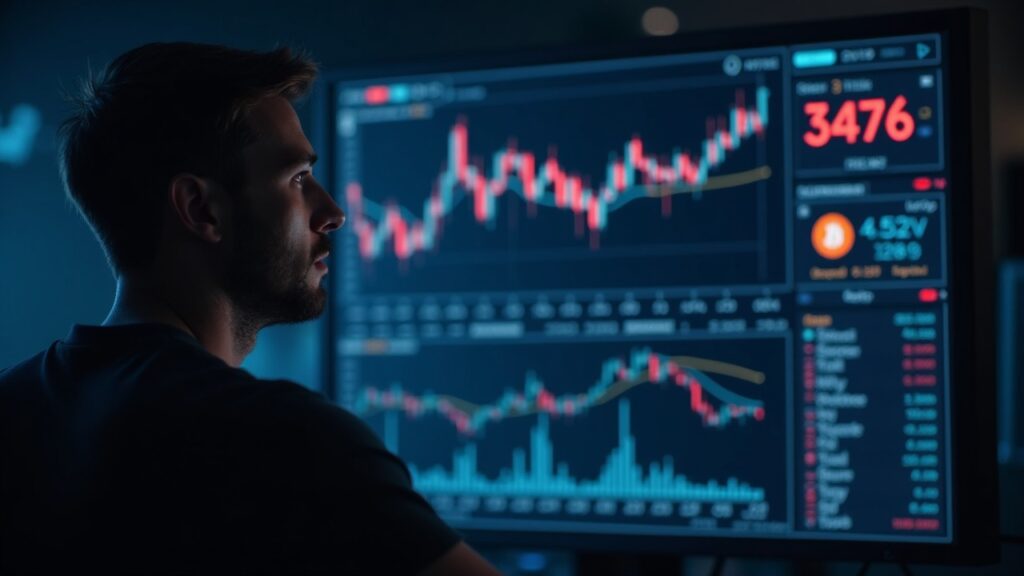 Trader en primer plano revisa tablero holográfico: BTC y ETH caen, liquidaciones de altcoins y heatmap de futuros