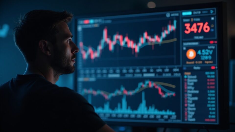 Trader en primer plano revisa tablero holográfico: BTC y ETH caen, liquidaciones de altcoins y heatmap de futuros