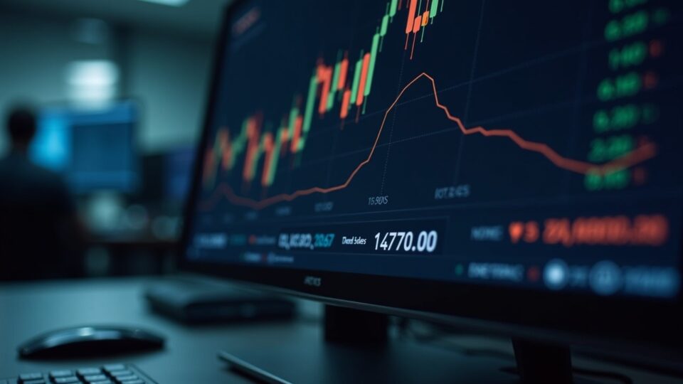 Plano cercano de mesa de trading de futuros de Bitcoin, pantalla con gráfica en forma de W, tasa de financiación negativa y menor interés abierto