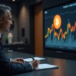Ejecutivo fotorealista en una sala de noticias moderna, bóveda de Bitcoin y gráfico de BTC ascendente detrás.