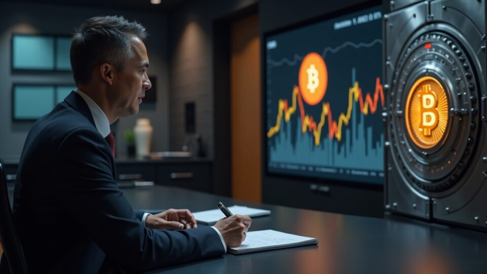 Ejecutivo fotorealista en una sala de noticias moderna, bóveda de Bitcoin y gráfico de BTC ascendente detrás.
